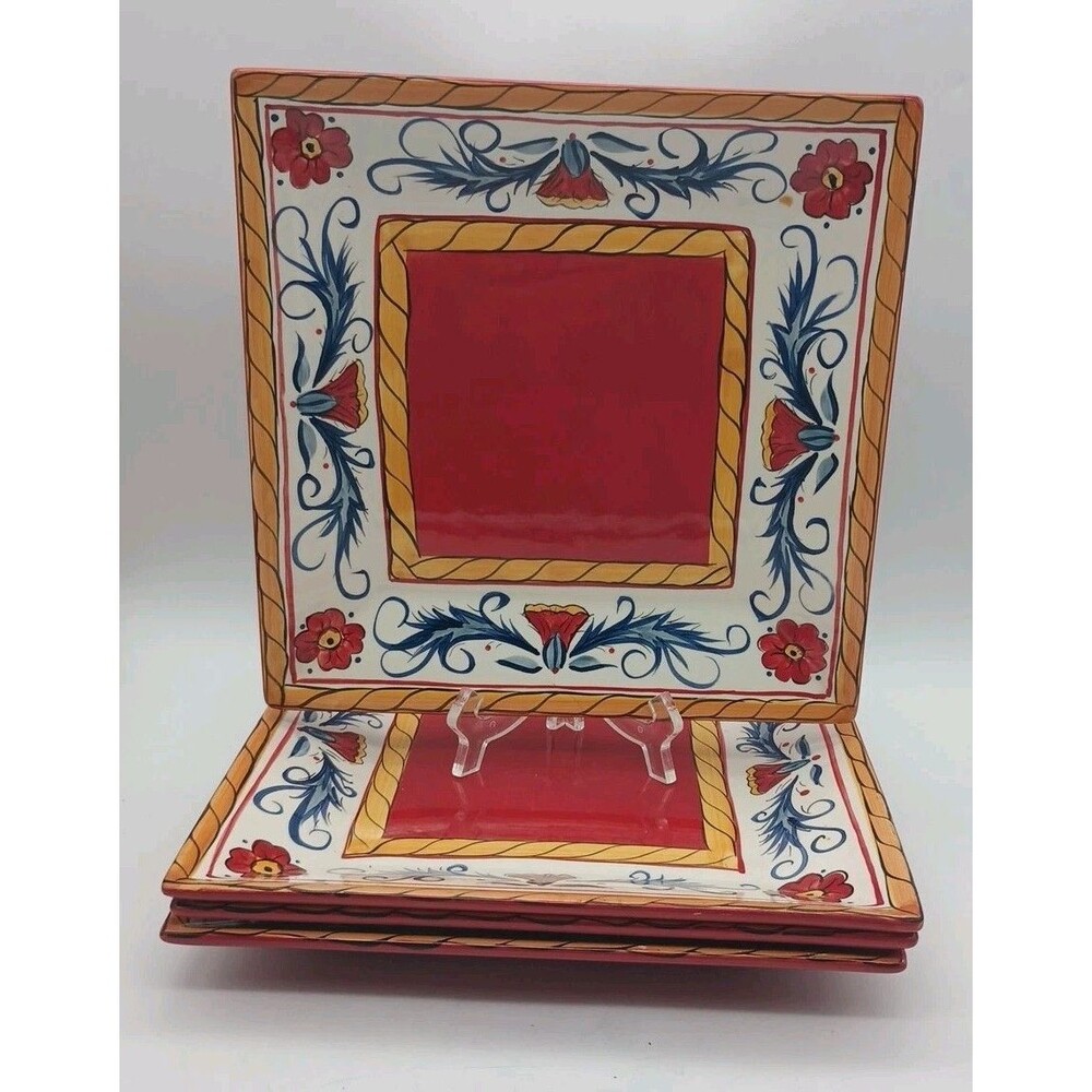 Tabletops Unlimited Italiano Square Dinner Plates Set Of 4 Red Blue Floral